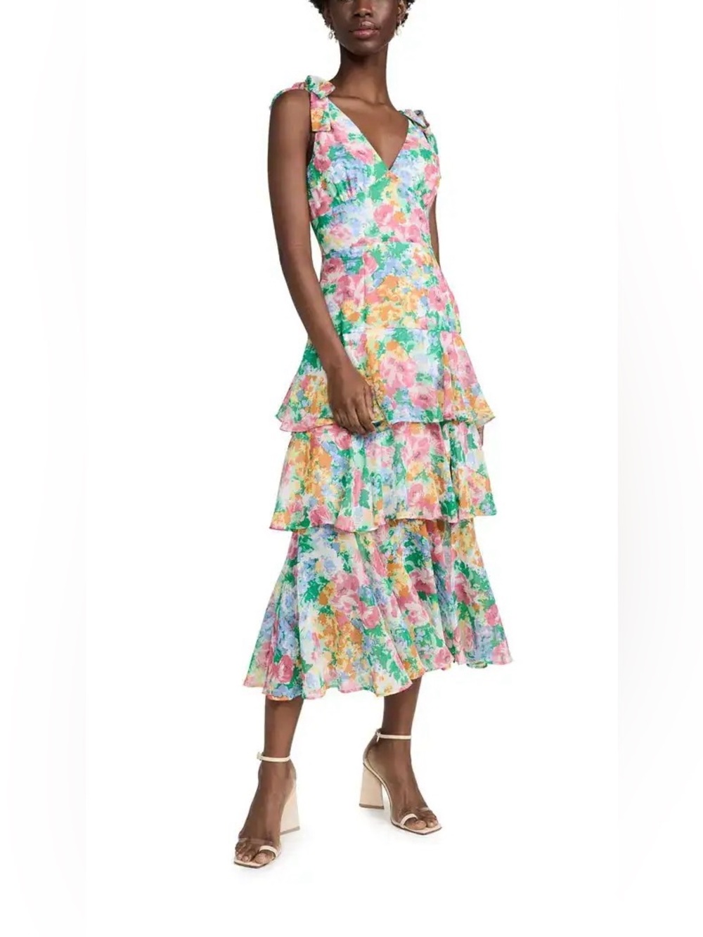 WAYF Hampton Watercolor Floral Tiered Midi Dress Yellow Size M Wedding Guest